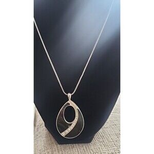 Vintage Necklace Clear Rhinestone Abalone Green Tone Teardrop Pendant